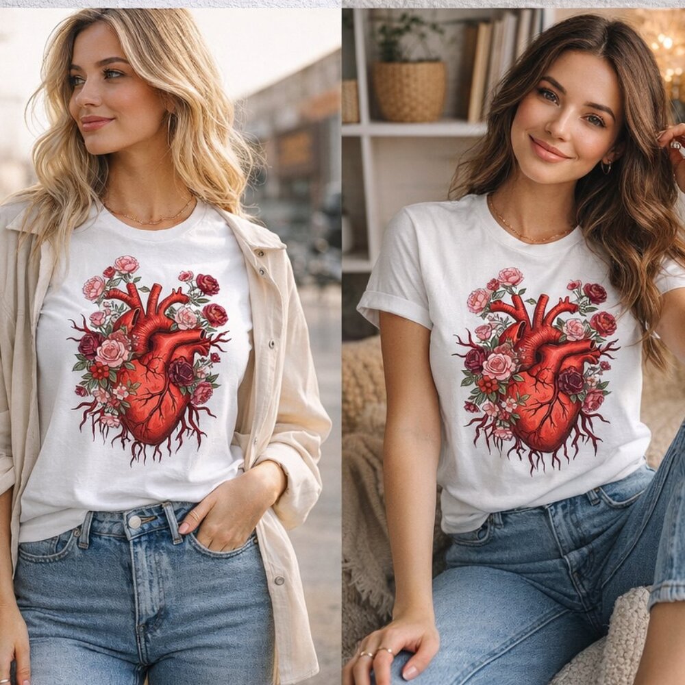 heart with roses  on a white tee shirt  for valentine's day